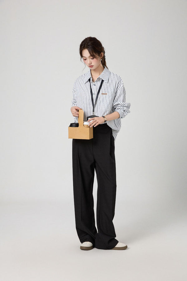 ストライプシャツ 長袖シャツ レディース シンプルシャツ ルーズフィットシャツ オーバーサイズシャツ ワイドパンツコーデ ストライプ柄トップス クラシックコーデ カジュアルシャツ 通勤コーデ