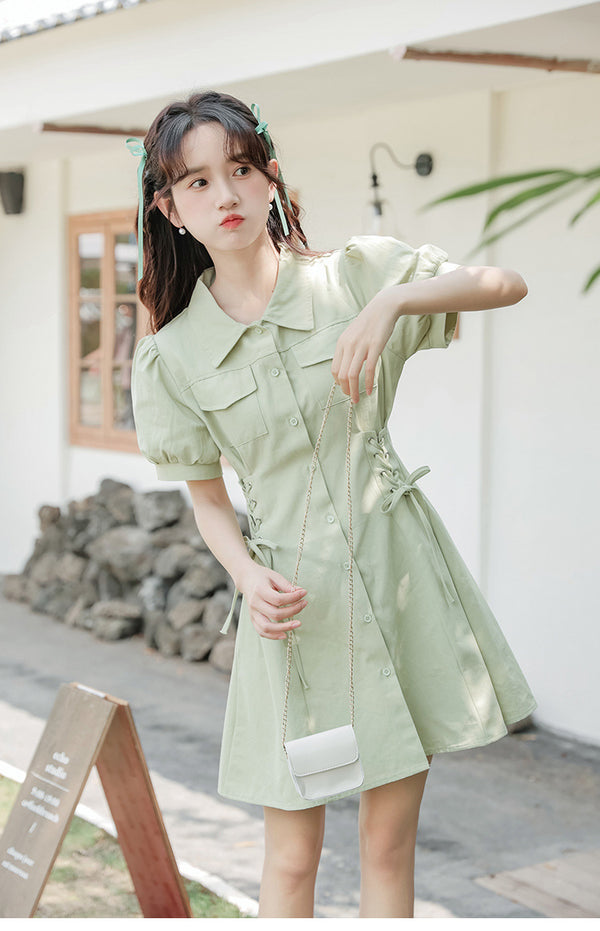 シャツワンピース レースアップ ウエストマークワンピ 春夏ワンピース カジュアルガーリーコーデ デート服 レディースコーデ パフスリーブ 可愛い服 韓国風ファッション フレアワンピース