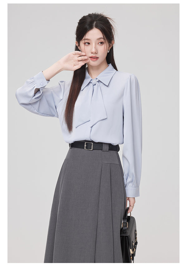 上品 セットアップ レディース 春夏 通勤服 ブラウス スカート フォーマルコーデ シンプル 清楚系 面接服 パール付きシャツ フレアスカート オフィスファッション 着回し抜群